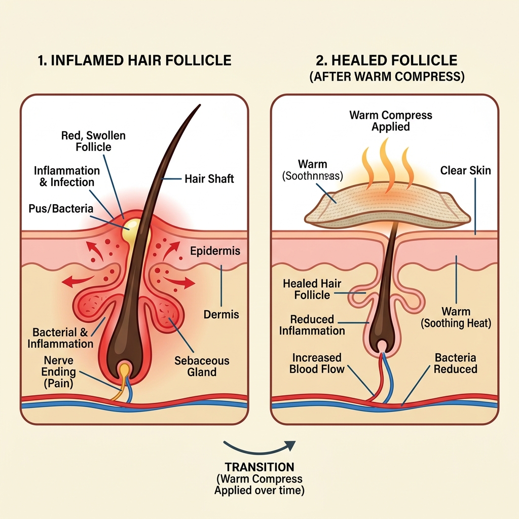A neat graphical illustration showing a red inflamed hair follicle under the skin, transitioning to a healed state using a warm compress. Clean medical aesthetic, vector style.