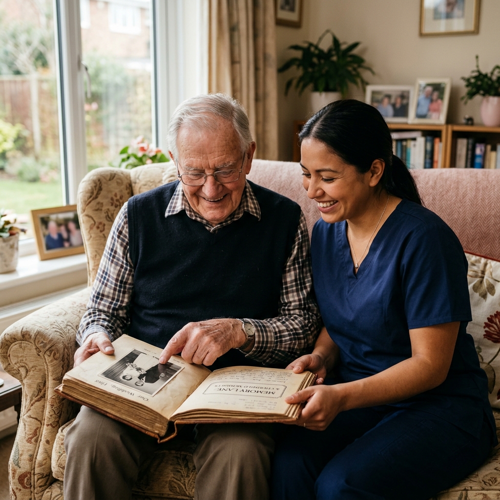 An elderly man and a caregiver smiling together as they look at an old black-and-white photograph in a memory album.