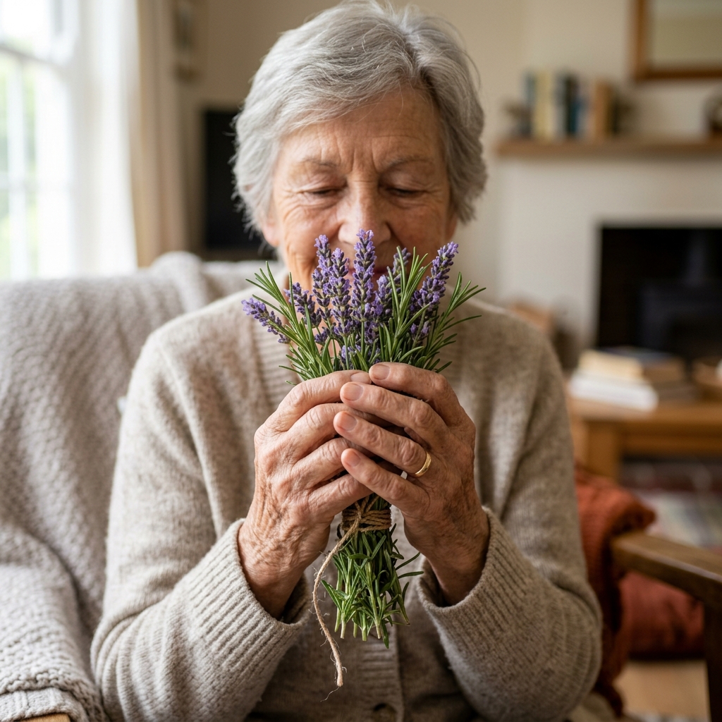A close-up, high-quality photograph of senior hands gently holding and smelling a small bouquet of fresh lavender and rosemary herbs. 